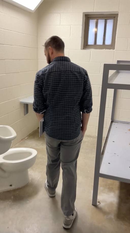 Photograph of white man with back to camera walking in small prison cell, toilet to his left and bunk bed to his right.