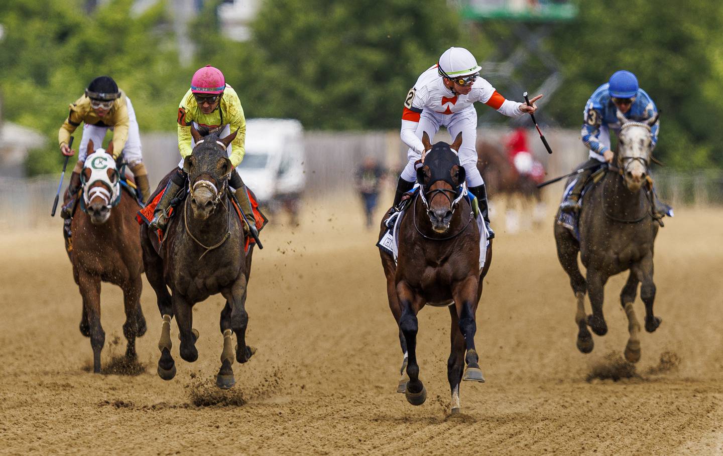 Ryvit with Tyler Gaffalione wins the Chick Lang Stakes at Pimlico Racecourse on May 20, 2023 in Baltimore, Maryland. (Evers/Eclipse Sportswire/CSM)
