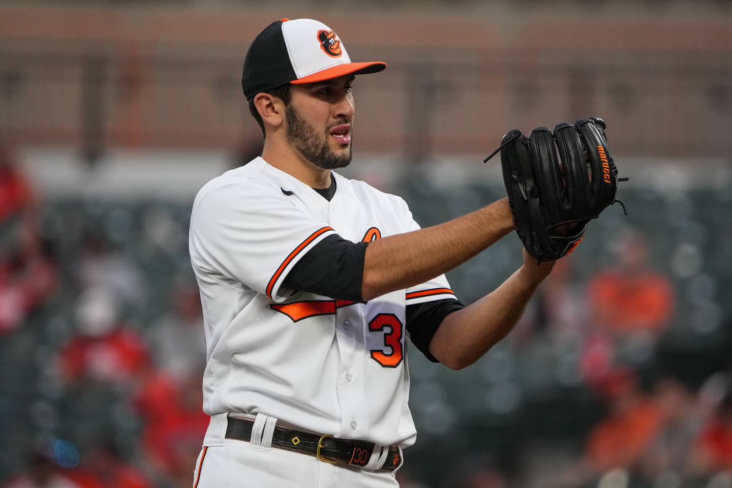 Baltimore Orioles starting pitcher Grayson Rodriguez (30) gets ready to pitch in a baseball game against the Oakland Athletics at Camden Yards on Tuesday, April 11. The Orioles beat the Athletics, 12-8, in the second game of the series.