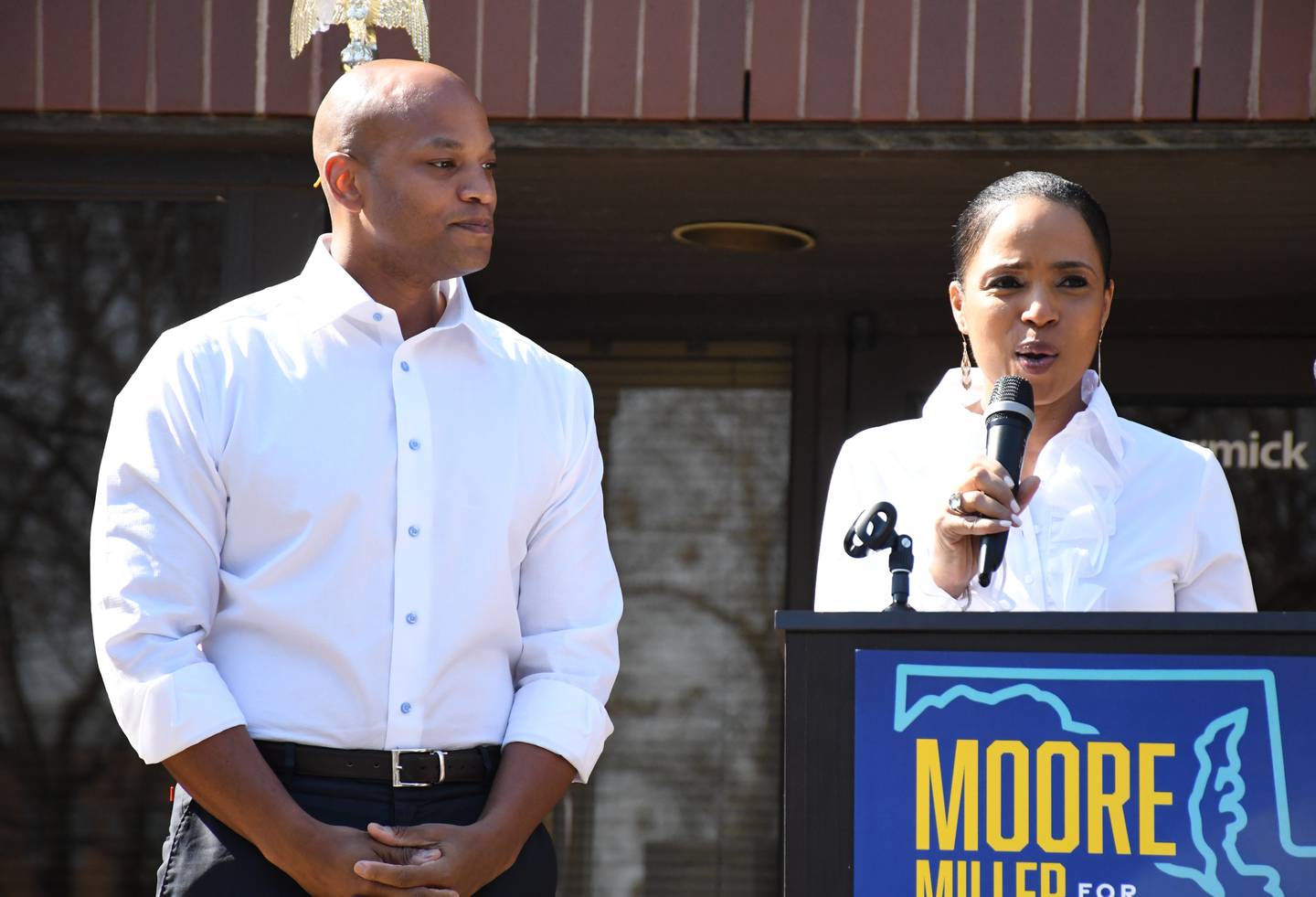Prince George's County Executive Angela Alsobrooks, right, endorses gubernatorial candidate Wes Moore in March 2022 at the Moore campaign's office opening in that county. Moore went on to win the Democratic primary and the general election.