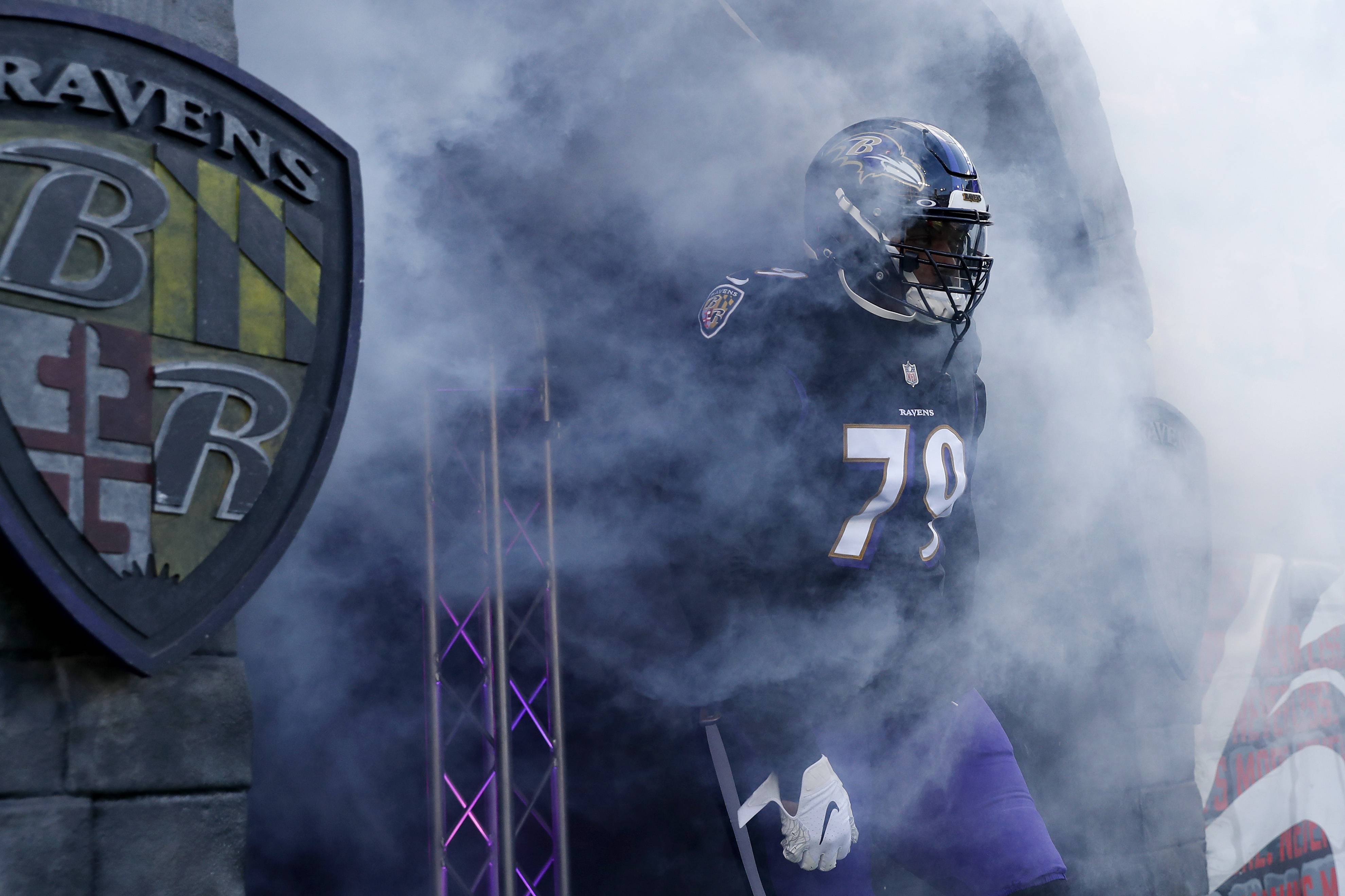 BALTIMORE, MARYLAND - DECEMBER 24: Ronnie Stanley #79 of the Baltimore Ravens takes the field for the start of the game against the Atlanta Falcons at M&T Bank Stadium on December 24, 2022 in Baltimore, Maryland.