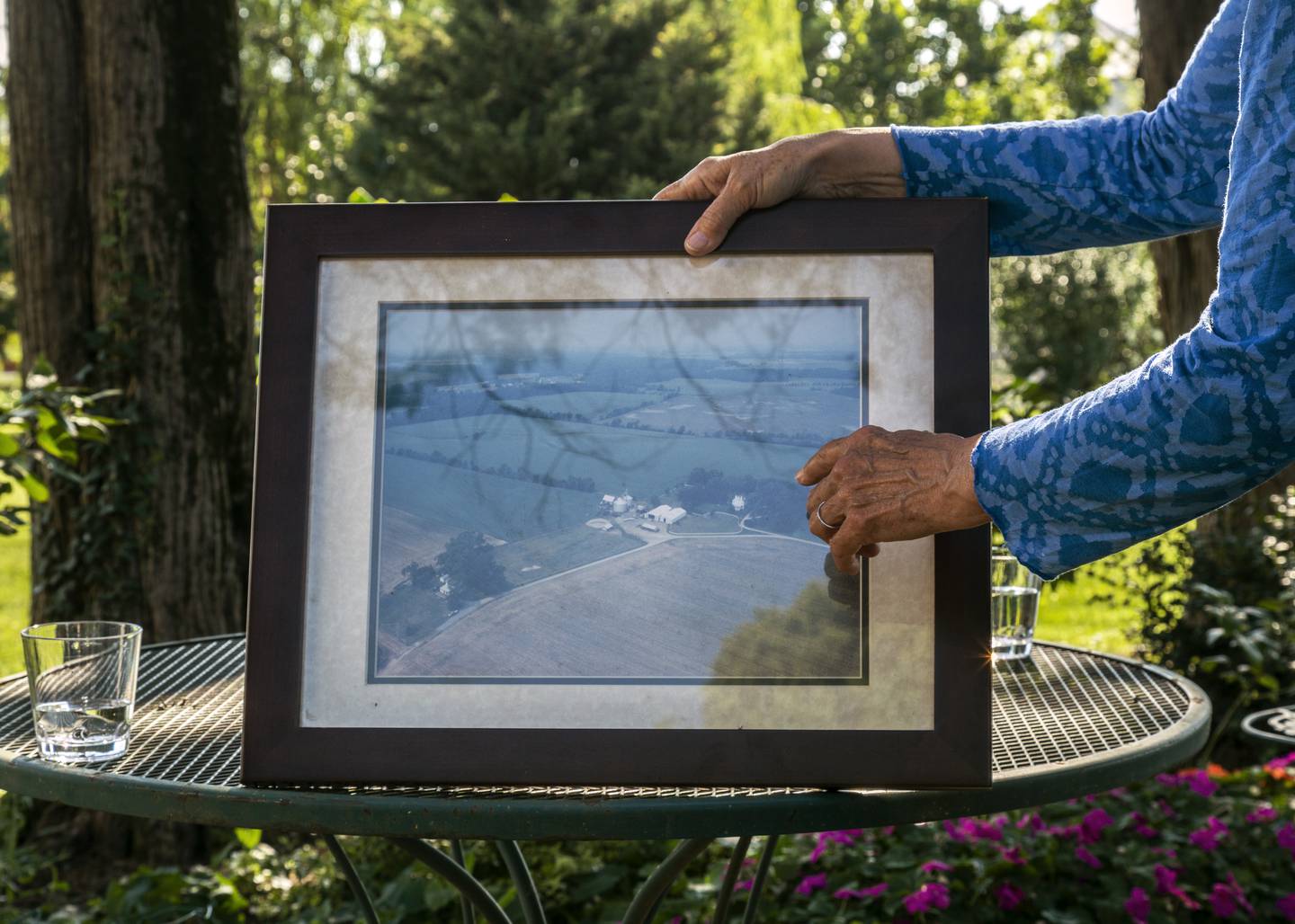 Anne Habberton displays a framed aerial photo that shows much of the Emory Farm taken in the early 2000's on August 3rd, 2022 in Queenstown Maryland