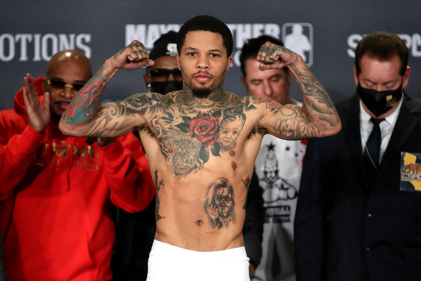 LOS ANGELES, CALIFORNIA - DECEMBER 04: Gervonta Davis poses for media during a weigh in prior to his WBA World Lightweight Championship title bout against Isaac Cruz at the JW Marriott Los Angeles L.A. Live on December 04, 2021 in Los Angeles, California.