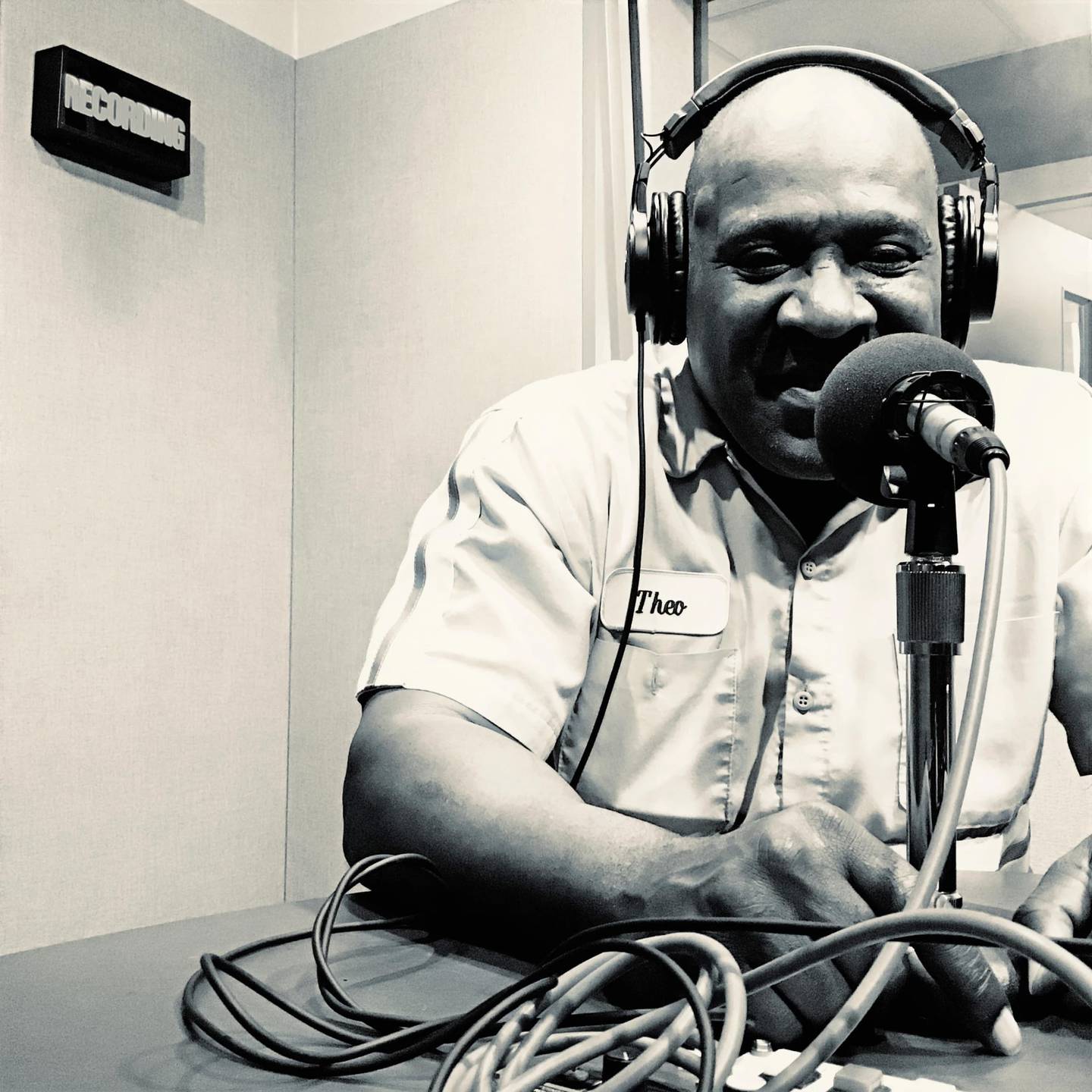 Theo Hill, recording his first podcast at the WYPR studios in 2019.