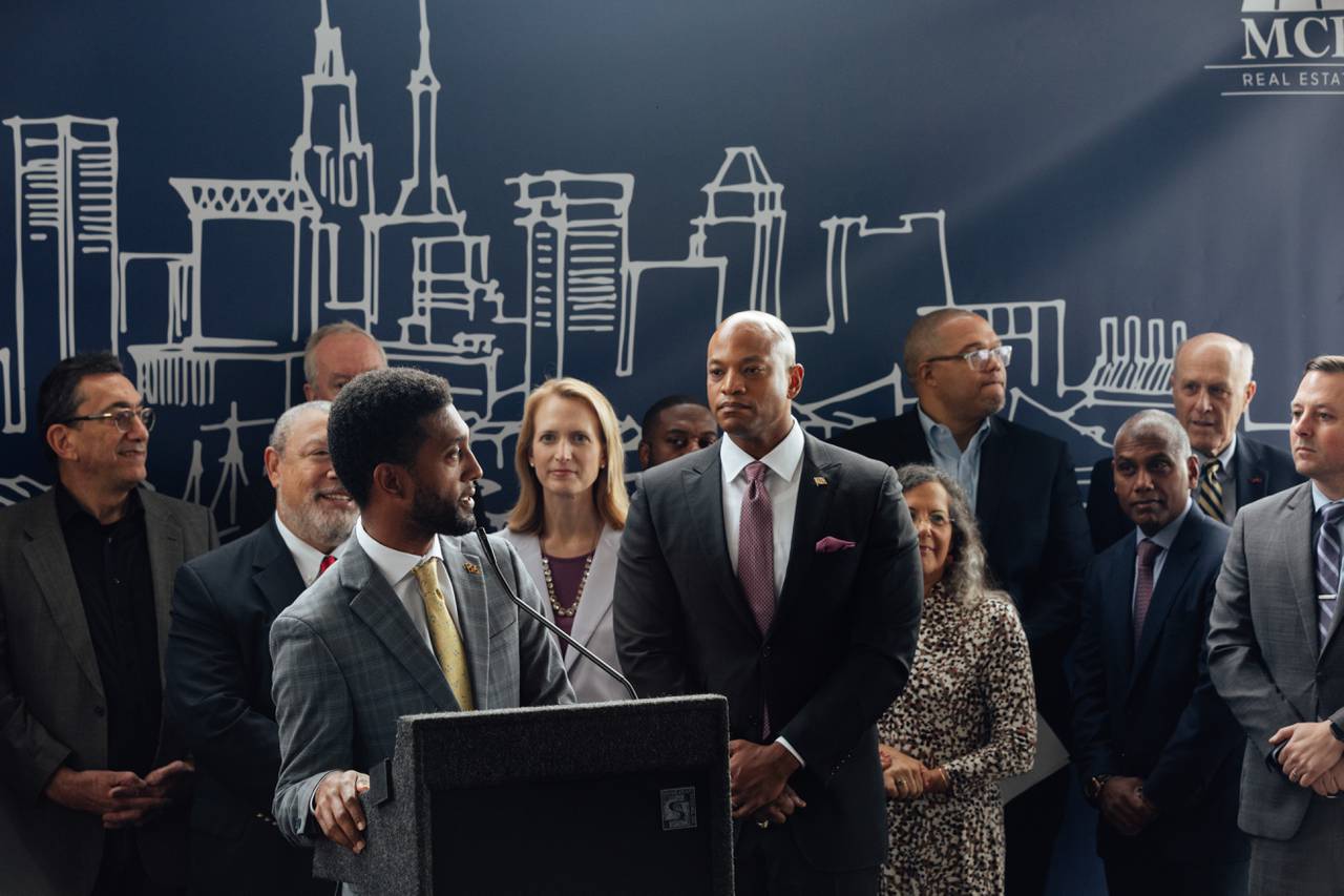 Baltimore Mayor Brandon Scott speaks at a press conference held by MCB Real Estate to reveal the plans and designs for Harborplace, at the Light Street pavilion on Monday, Oct. 30, 2023 in Baltimore, MD.