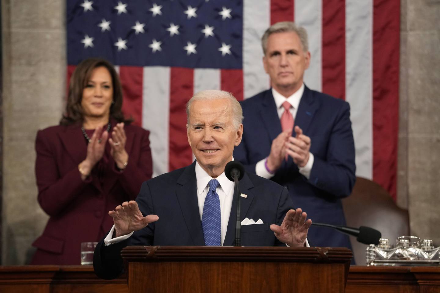 President Joe Biden delivers the State of the Union address to a joint session of Congress at the U.S. Capitol, Tuesday, Feb. 7, 2023, in Washington, as Vice President Kamala Harris and House Speaker Kevin McCarthy of Calif., applaud.