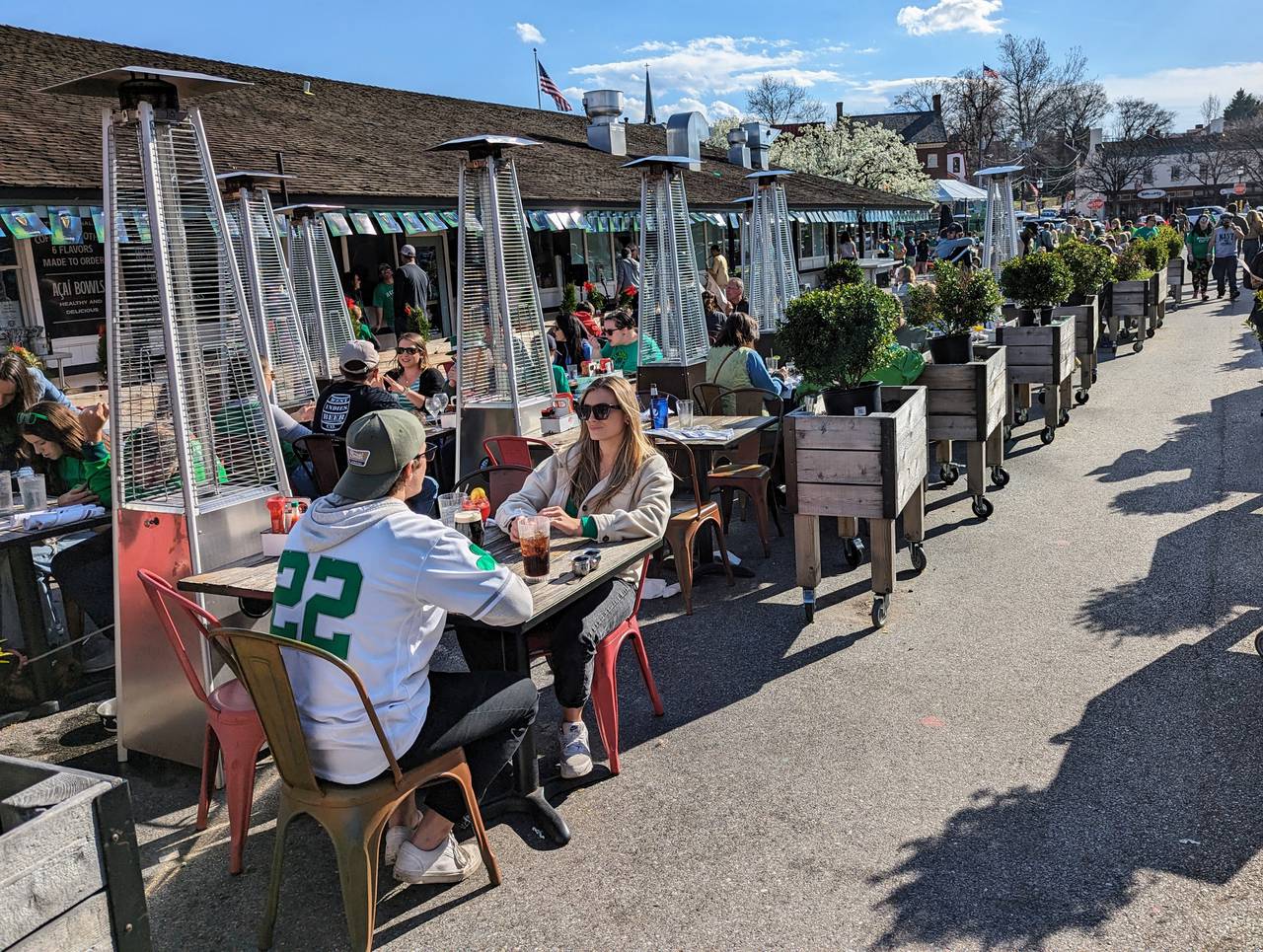 Tables at Market Space in Annapolis, operated by five downtown restaurants, were filled with people celebrating St. Patrick's Day on March 17, 2024.