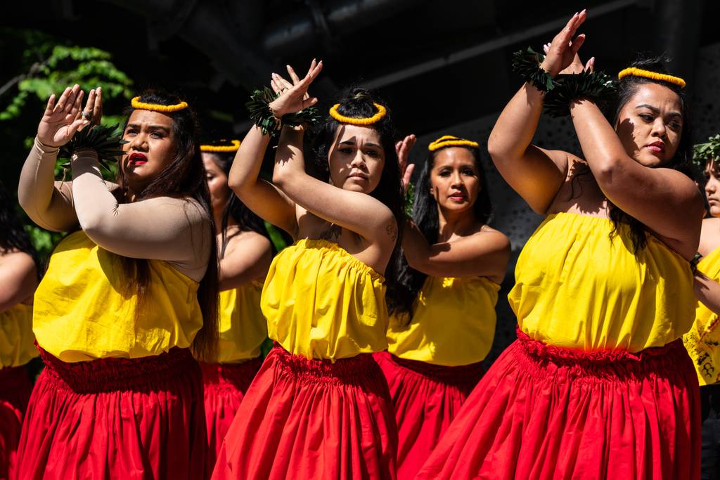 The Hawaiian Dance Group performs a hula dance during the Howard County AAPI Festival at Merriweather Park at Symphony Woods on Saturday.