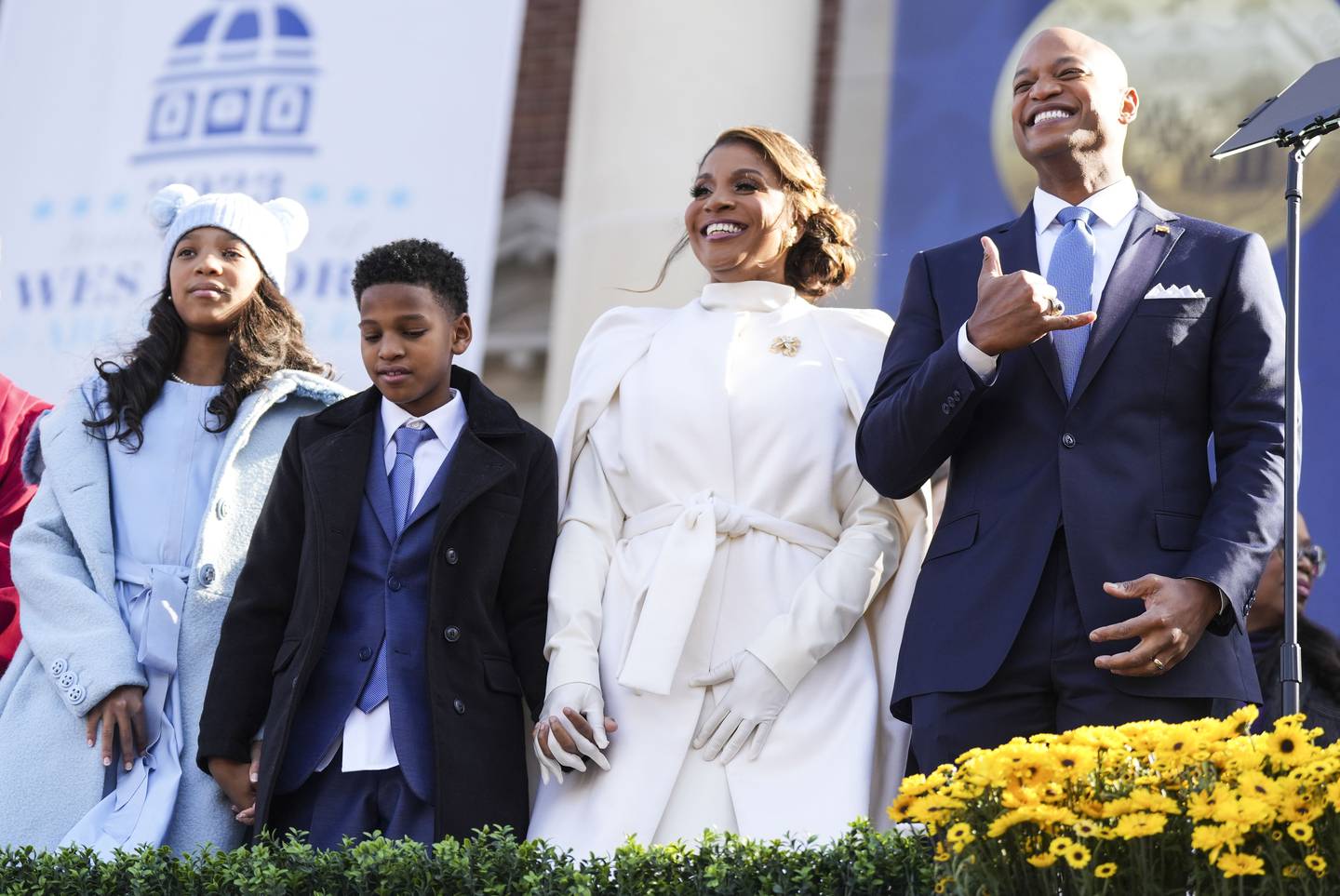 Mia Moore, James Moore, Dawn Moore, and Gov. Wes Moore during his inauguration as the First African-American governor for the State of Maryland, at the Maryland State House, in Annapolis, MD, Wednesday, January 18, 2023.