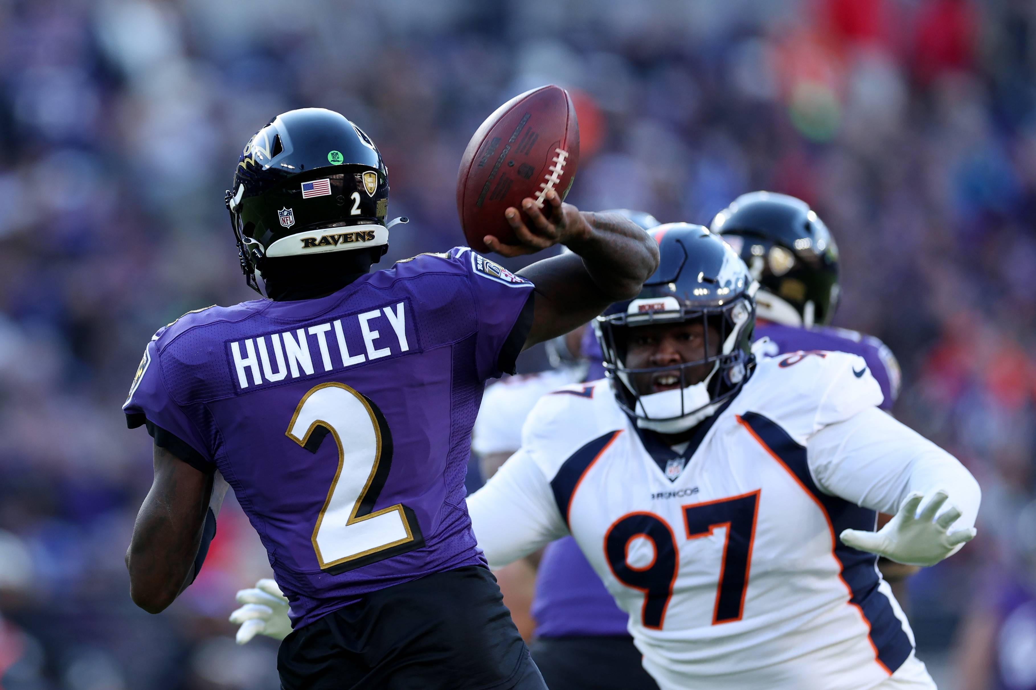 BALTIMORE, MARYLAND - DECEMBER 04: Quarterback Tyler Huntley #2 of the Baltimore Ravens throws a second half pass against the Denver Broncos at M&T Bank Stadium on December 04, 2022 in Baltimore, Maryland.