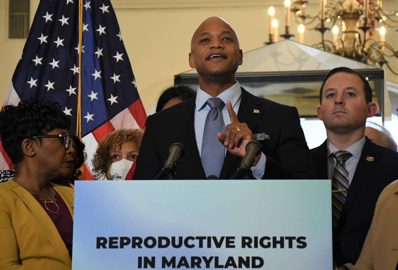 Maryland Gov. Wes Moore discusses proposals to protect access to abortion during a press conference at the State House in Annapolis on Thursday, Feb. 9, 2023.