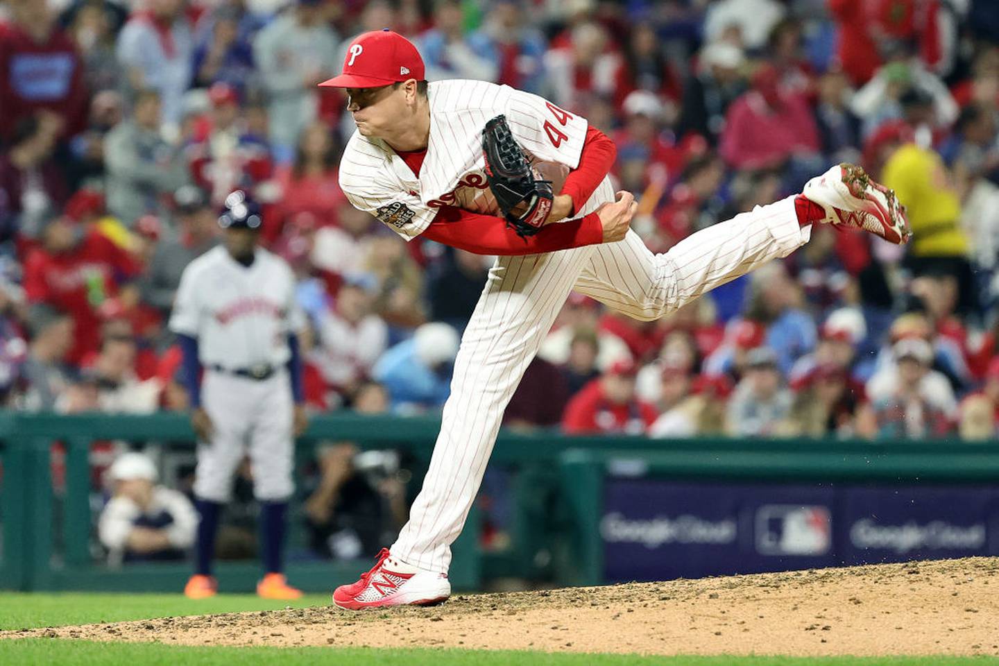 PHILADELPHIA, PENNSYLVANIA - NOVEMBER 01: Kyle Gibson #44 of the Philadelphia Phillies delivers a pitch against the Houston Astros during the seventh inning in Game Three of the 2022 World Series at Citizens Bank Park on November 01, 2022 in Philadelphia, Pennsylvania.