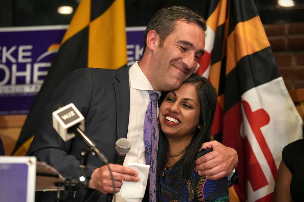 Zeke Cohen embraces his wife Reena at his election night party on May 14, 2024.