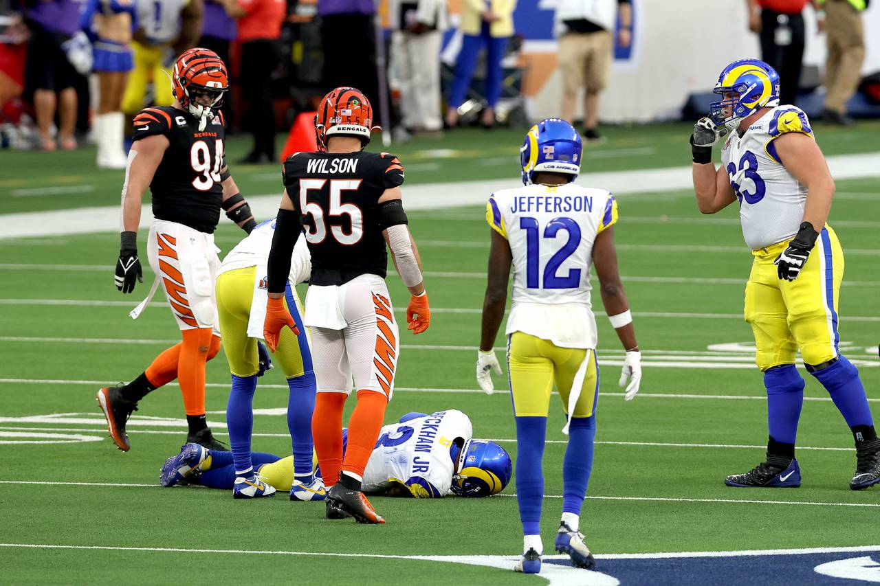 INGLEWOOD, CALIFORNIA - FEBRUARY 13: Odell Beckham Jr. #3 of the Los Angeles Rams lies on the ground following an injury during the first half of Super Bowl LVI against the Cincinnati Bengals at SoFi Stadium on February 13, 2022 in Inglewood, California. (Photo by Rob Carr/Getty Images)