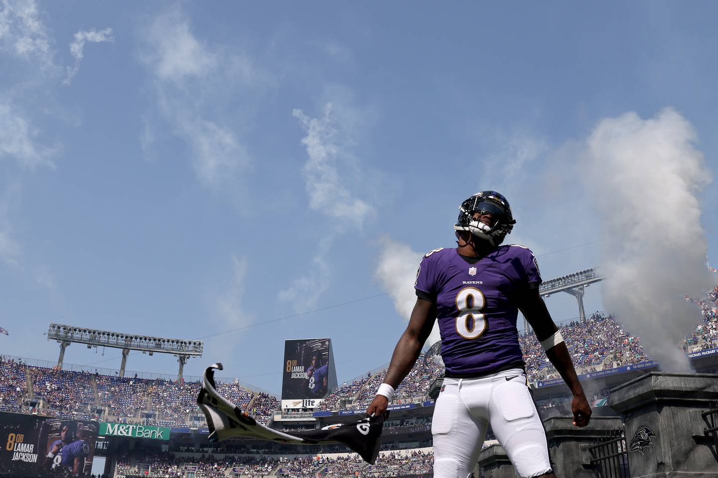 BALTIMORE, MARYLAND - SEPTEMBER 18: Lamar Jackson #8 of the Baltimore Ravens takes the field before a game against the Miami Dolphins at M&T Bank Stadium on September 18, 2022 in Baltimore, Maryland.