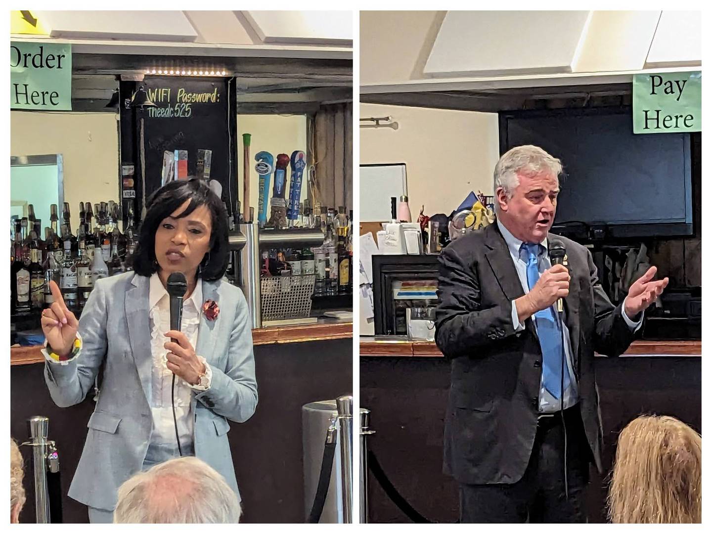 Angela Alsobrooks and David Trone speak at the Almost 7:30 Democratic Club in Annapolis months apart.