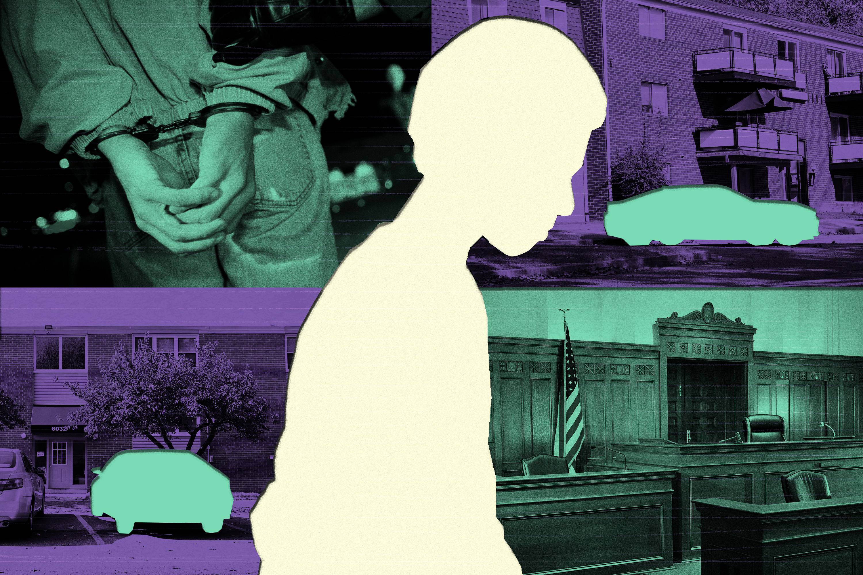 Photo illustration of silhouette of teenaged boy framed by four photos around him. Clockwise from top left: photo of young man with handcuffed arms behind his back; photo of apartment complex with parked car cut out of image; photo of inside of empty courtroom; photo of apartment complex with parked car cut out of image.