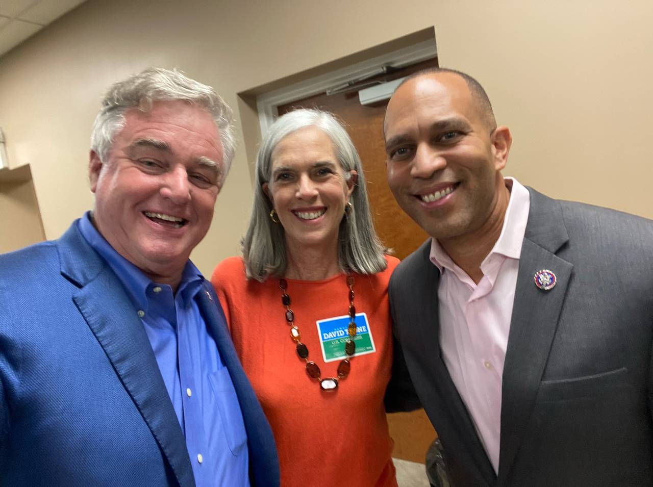 U.S. Rep. David Trone poses for a photo with U.S. Reps. Katherine Clark and Hakeem Jeffries, the top Democratic leaders in the U.S. House of Representatives. Clark and Jeffries have endorsed Trone's bid to become a U.S. senator.