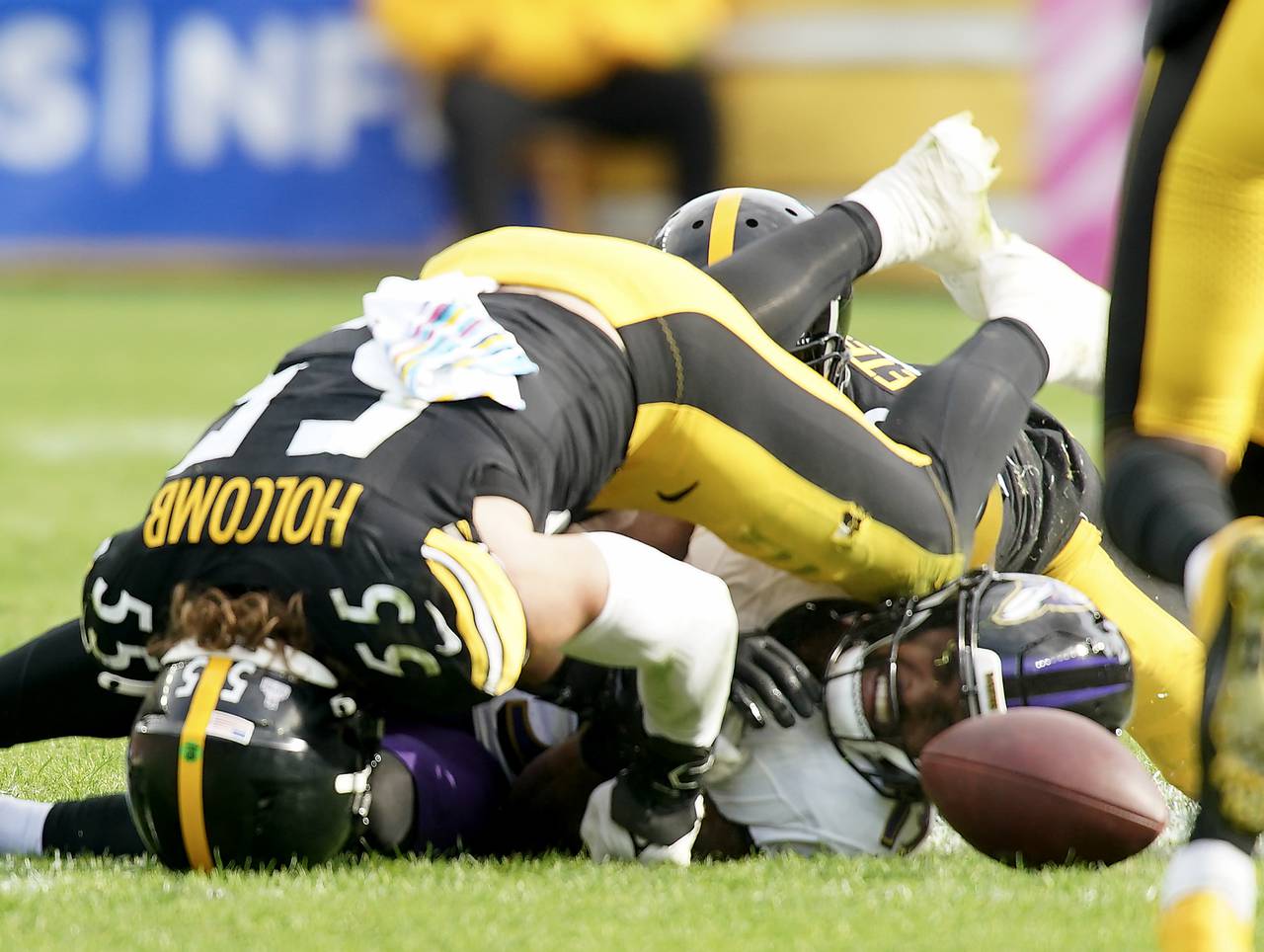 Baltimore Ravens wide receiver Devin Duvernay (13) dropped a pass in the 4th qtr. after he was hit by Pittsburgh Steelers linebacker Cole Holcomb (55) in the 17-10 Steeler victory Sunday Oct. 8th, 2023 at Arcisure Stadium in Pittsburgh, PA.