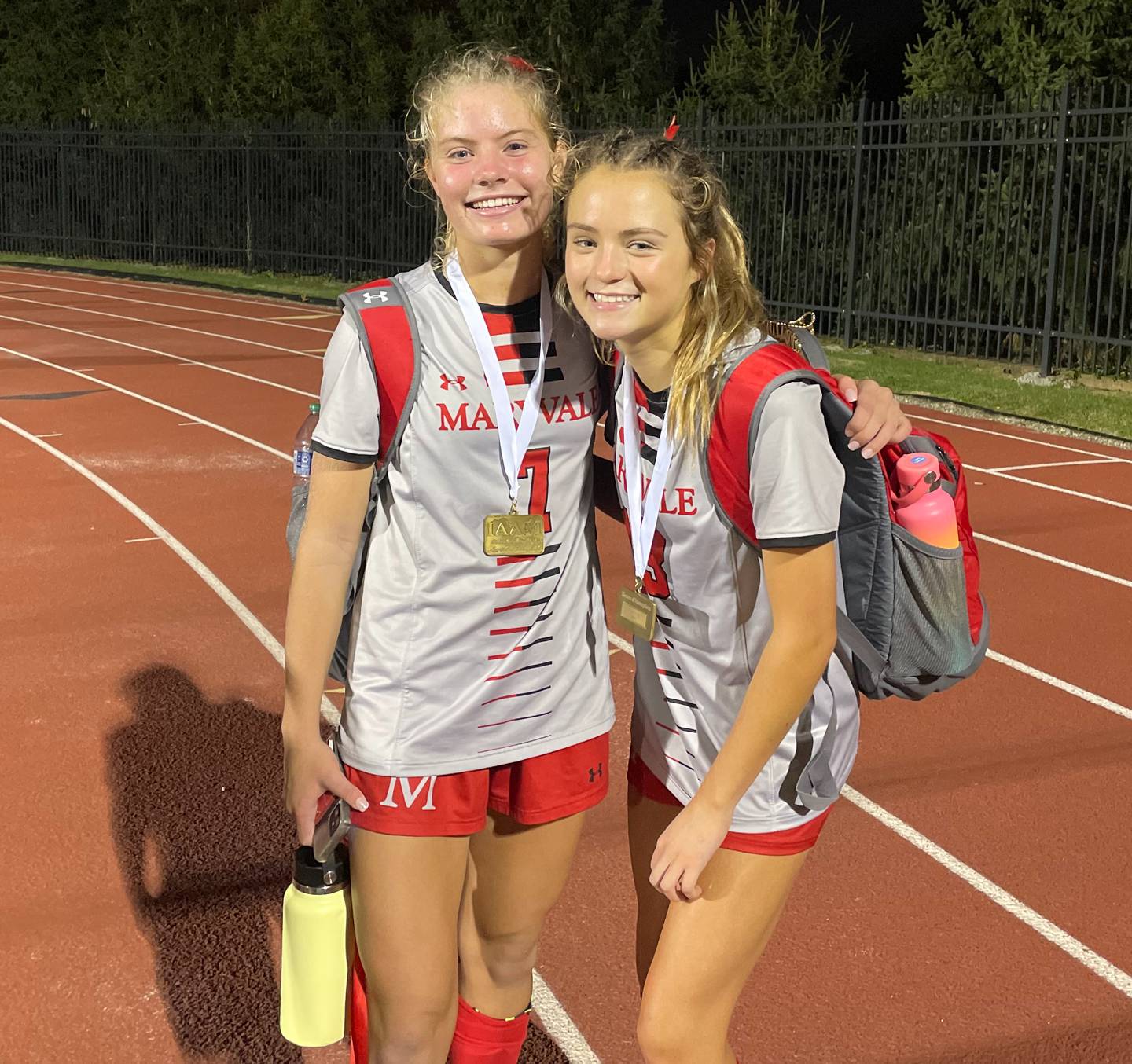 Avery Weetenkamp (left) and Laney Clements, both underclassmen, played major roles for Maryvale Prep soccer Saturday. The Lions won the IAAM B Conference championship with a 1-0 victory over Bryn Mawr at Calvert Hall.