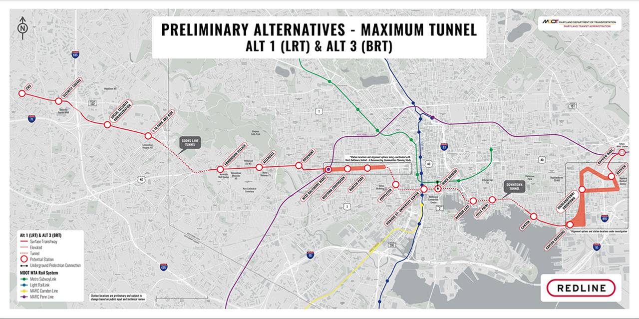 A proposed map of the Red Line, called Maximum Tunnel. (MDOT MTA)