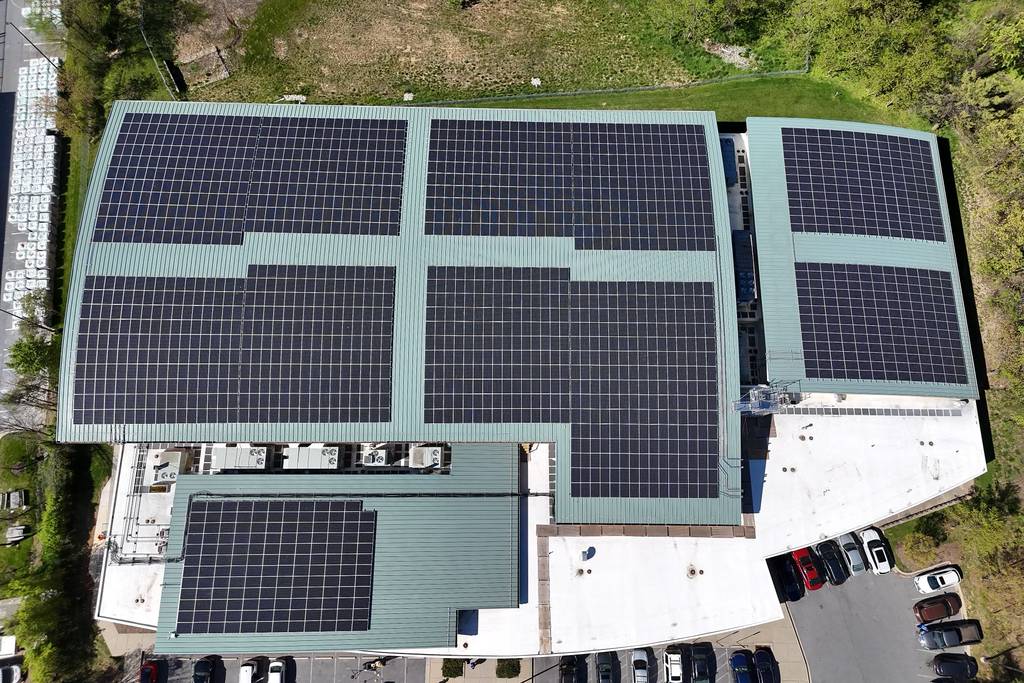 Solar panels on the roof of the Randallstown Community Center, the largest solar project in Baltimore County.