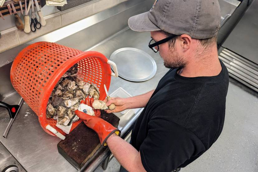 David White shucks oysters at Wild Country Seafood in Annapolis. The small shop specializes in Fatty Pattys, oysters grown on 40 acres in the Rhode River.