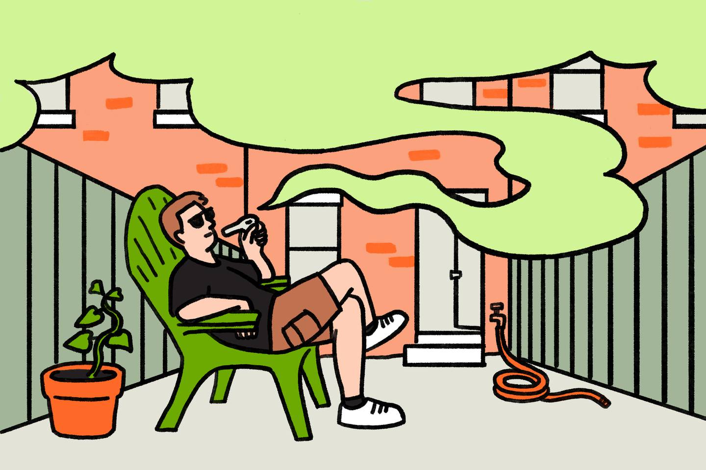 Illustration of man lounging in a green chair in his fenced-off backyard, smoking cannabis from a glass pipe, with a large green cloud of smoke curling around him.