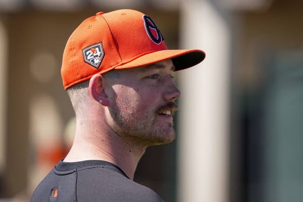 Baltimore Orioles pitcher Kyle Bradish walks off the field during the team’s spring training practice on February 20, 2024.