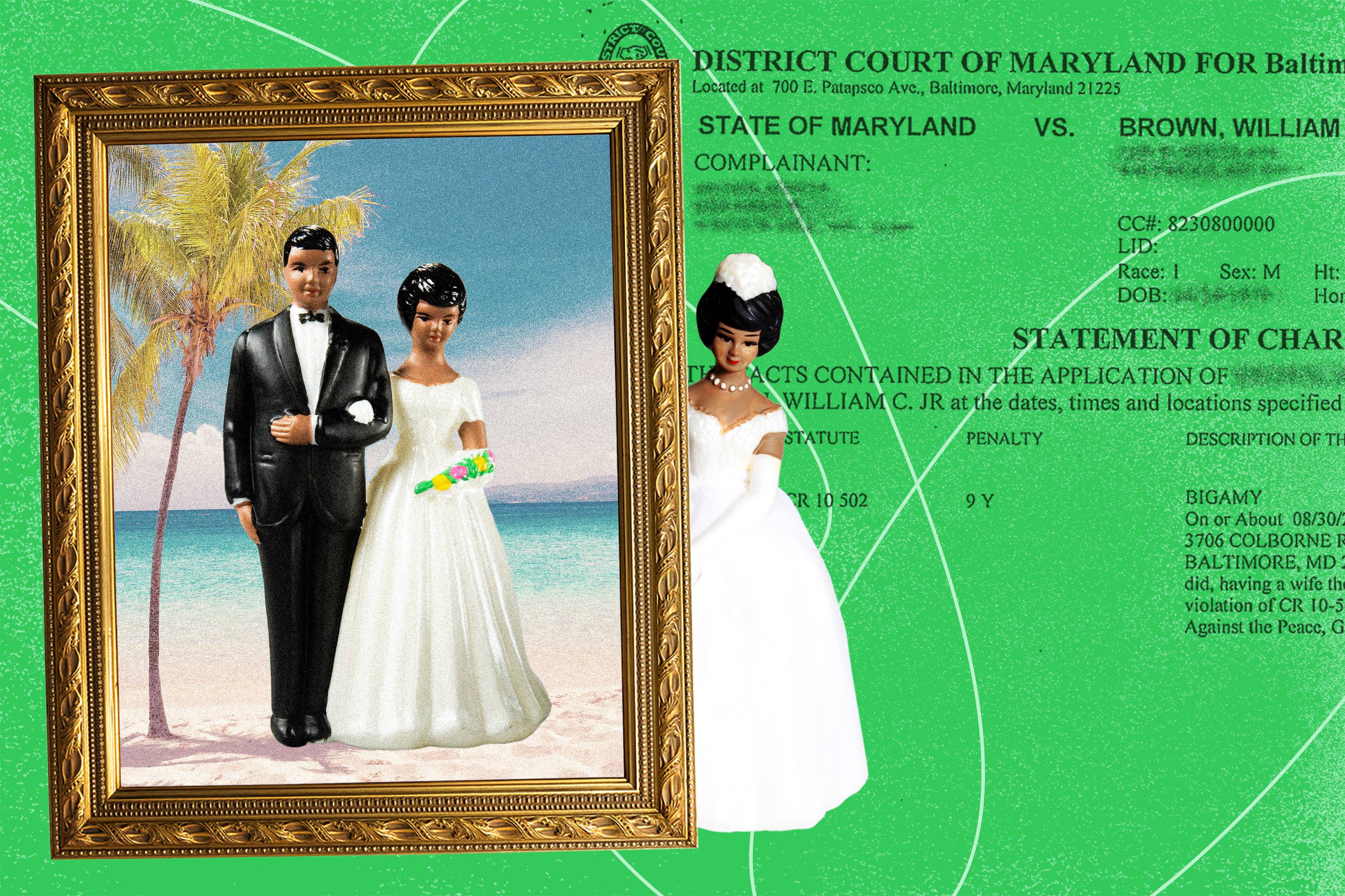 A photo in a golden frame shows African American bride and groom figurines standing on a tropical beach; another bride figurine pops out from behind the frame. Over the green background is a charging document accusing the defendant of bigamy.