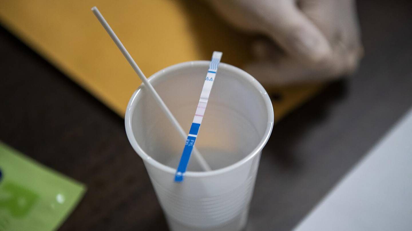 A fentanyl test strip is used to detect fentanyl in a drug sample. Such test strips cost about $1 apiece. Jesse Costa/WBUR.
