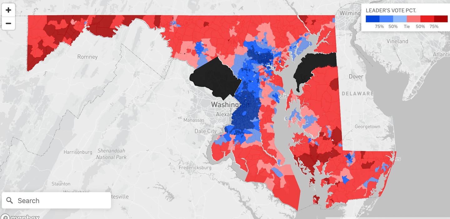 A static image of the interactive precinct-level vote totals from the 2022 Gubernatorial election in Maryland