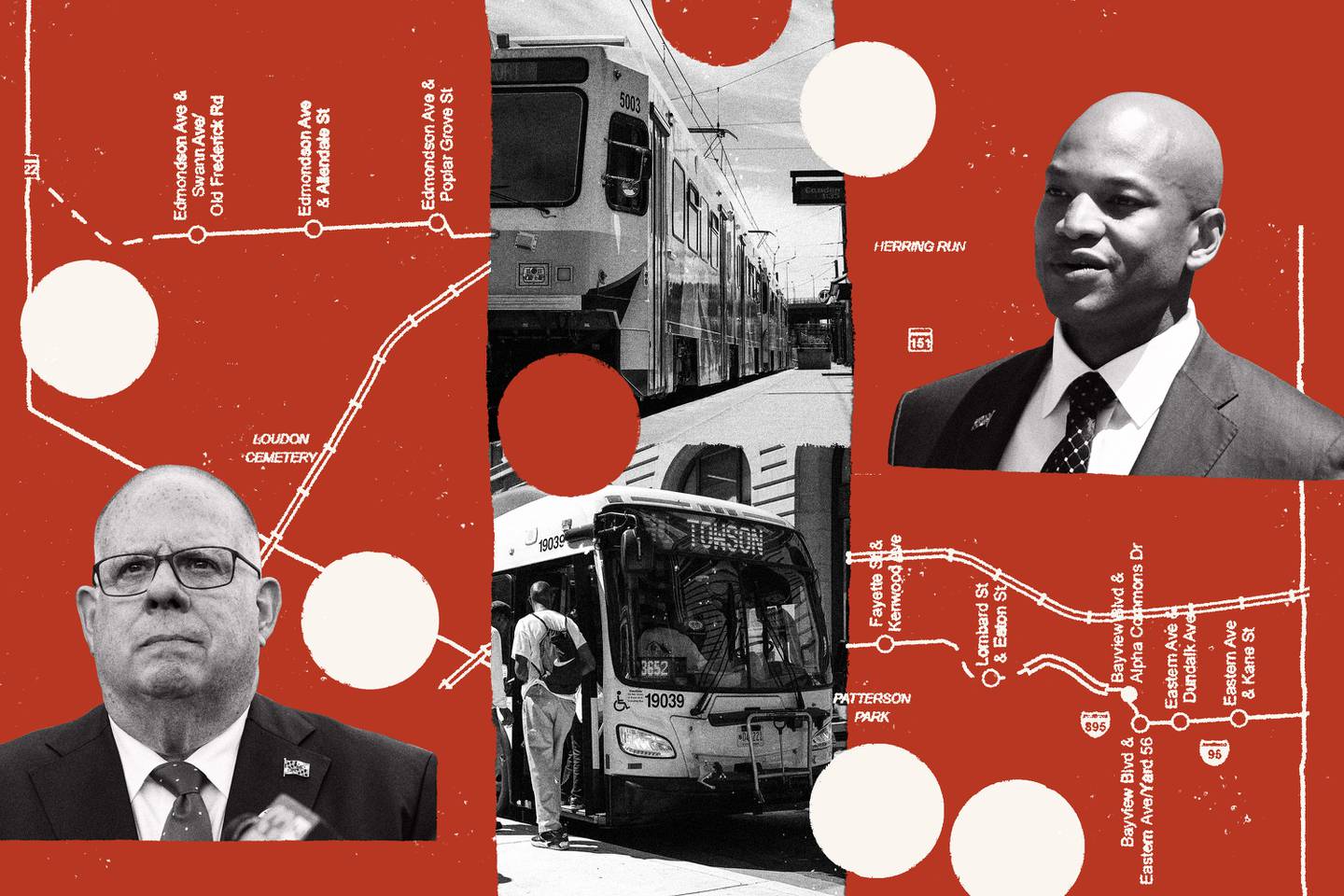 Baltimore transit line map and images of light rail, bus, Governor Hogan, Wes Moore