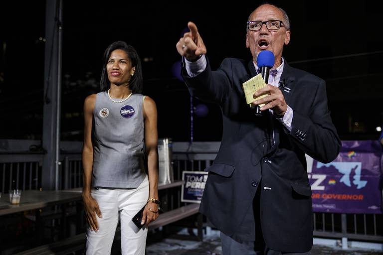 Tom Perez speaks alongside Shannon Sneed during a primary election night event at Tommy Joe's on July 19, 2022 in Bethesda, Maryland. Perez, the former U.S. Labor Secretary under President Barack Obama and a former Democratic National Committee chairman, is running for governor.