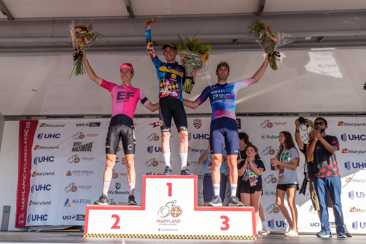 1st place: Mattias Skjelmose, 2nd place: Neilson Powless, 3rd place: Hugo Houle. 2023 Maryland Cycling Classic.
