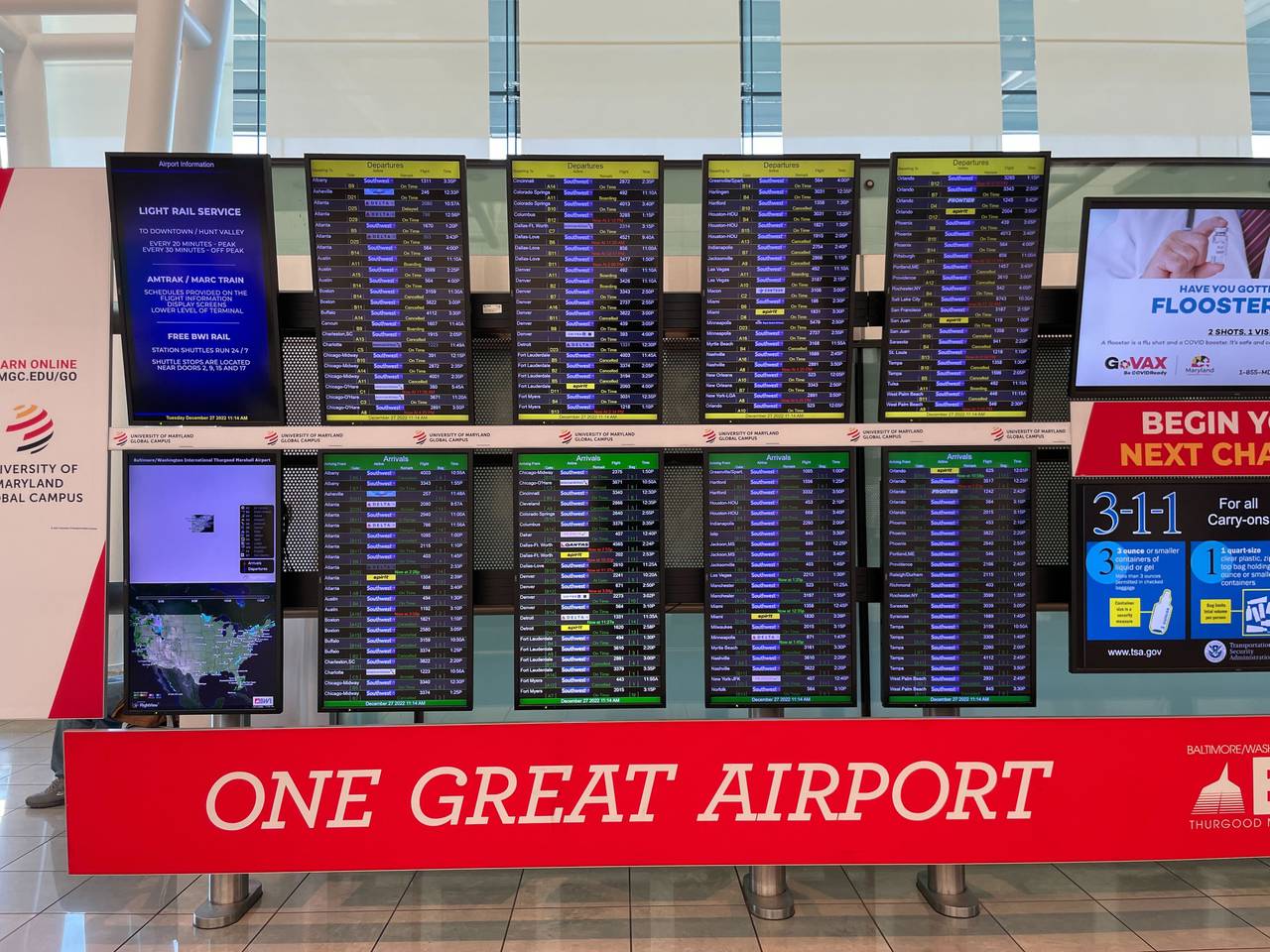 Flight cancellations appeared across the Baltimore/ Washington International Thurgood Marshall Airport's information screens Tuesday.