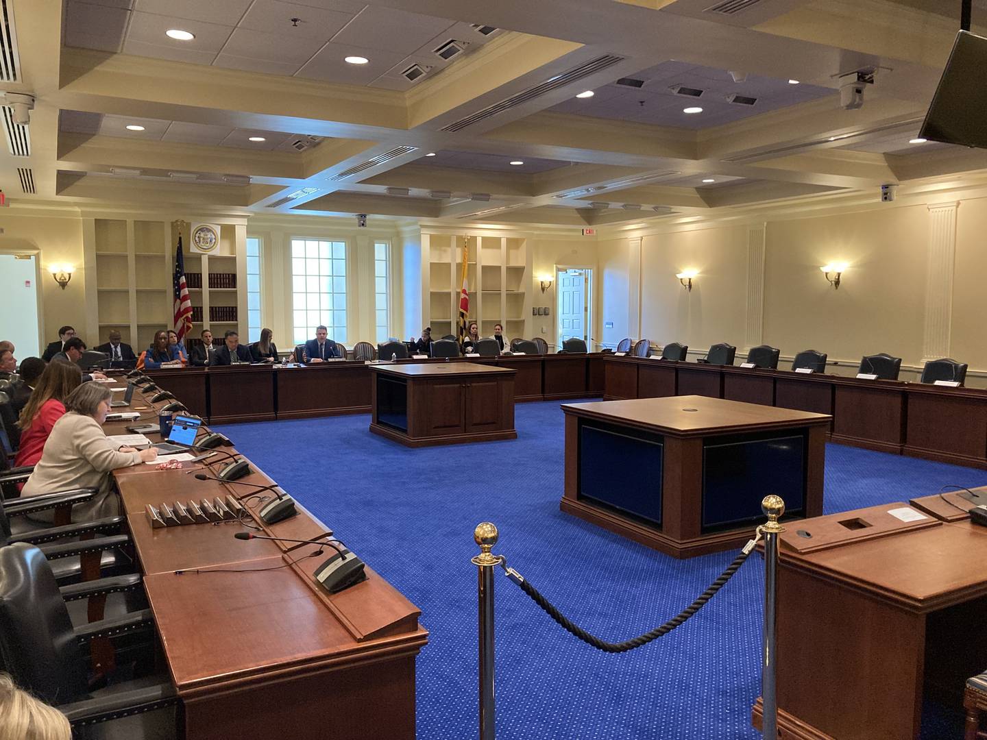 Maryland state delegates sit in a budget conference committee meeting on Thursday, March 30. Senators never showed to the committee meeting amid an impasse over $2 million for a program that pays for private school tuition.