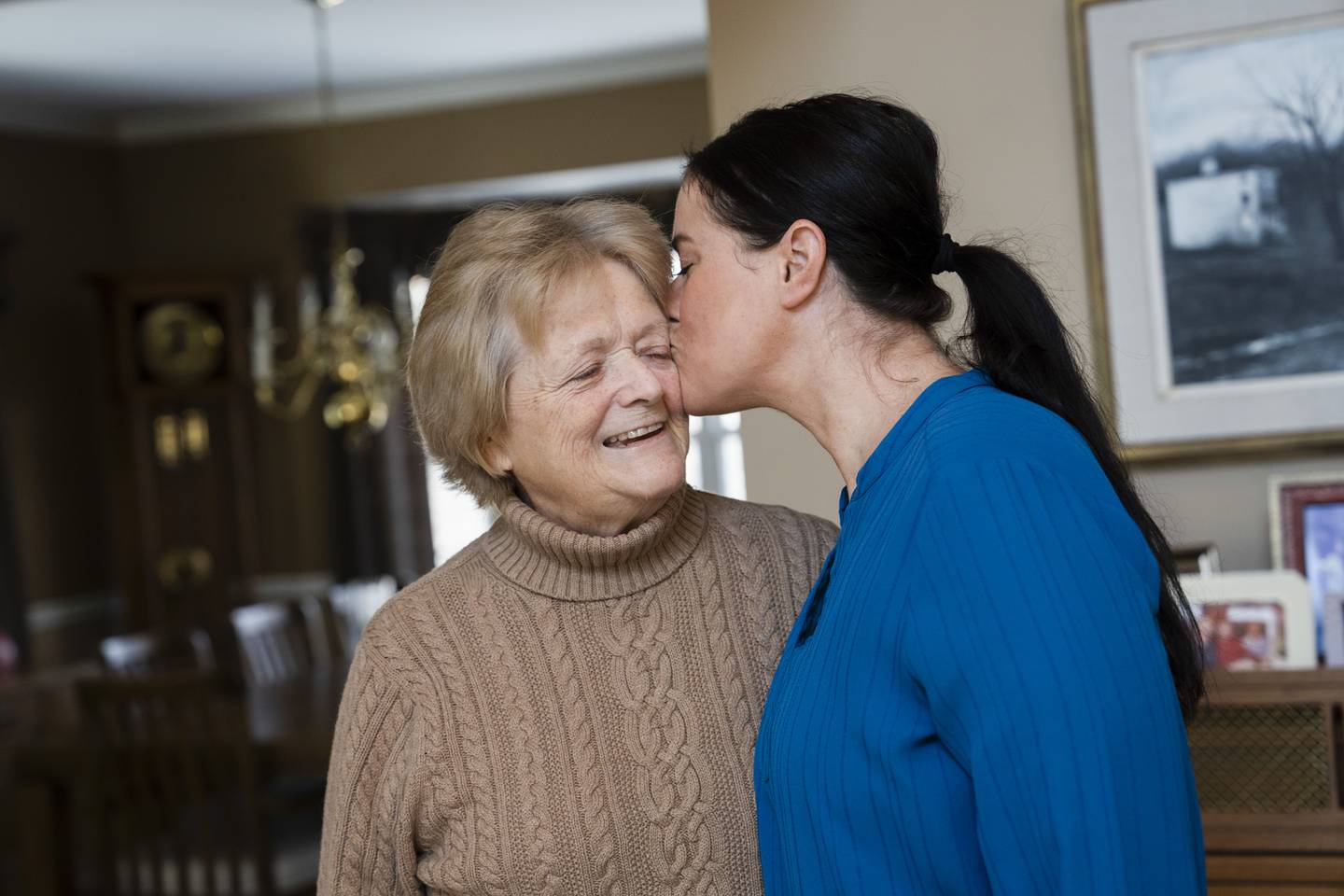 Julia Harkin needed a liver transplant and her daughter Eileen Harkin became a living donor to save her life. A little over a year later in December, she needed a kidney and Eileen gave her that too, becoming a rare two-time living donor. They are pictured recovering in Julia's Frederick home on January 22, 2024.