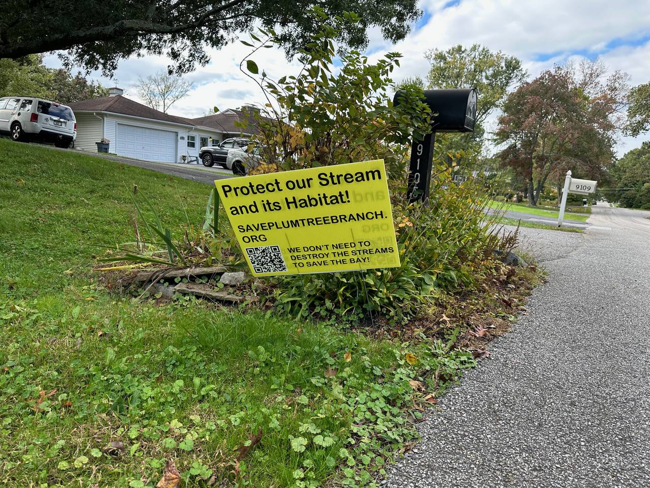 Roger Davis printed a thousand flyers and made lawn signs protesting the proposed stream restoration near Dunloggin Middle School. October 18, 2023.