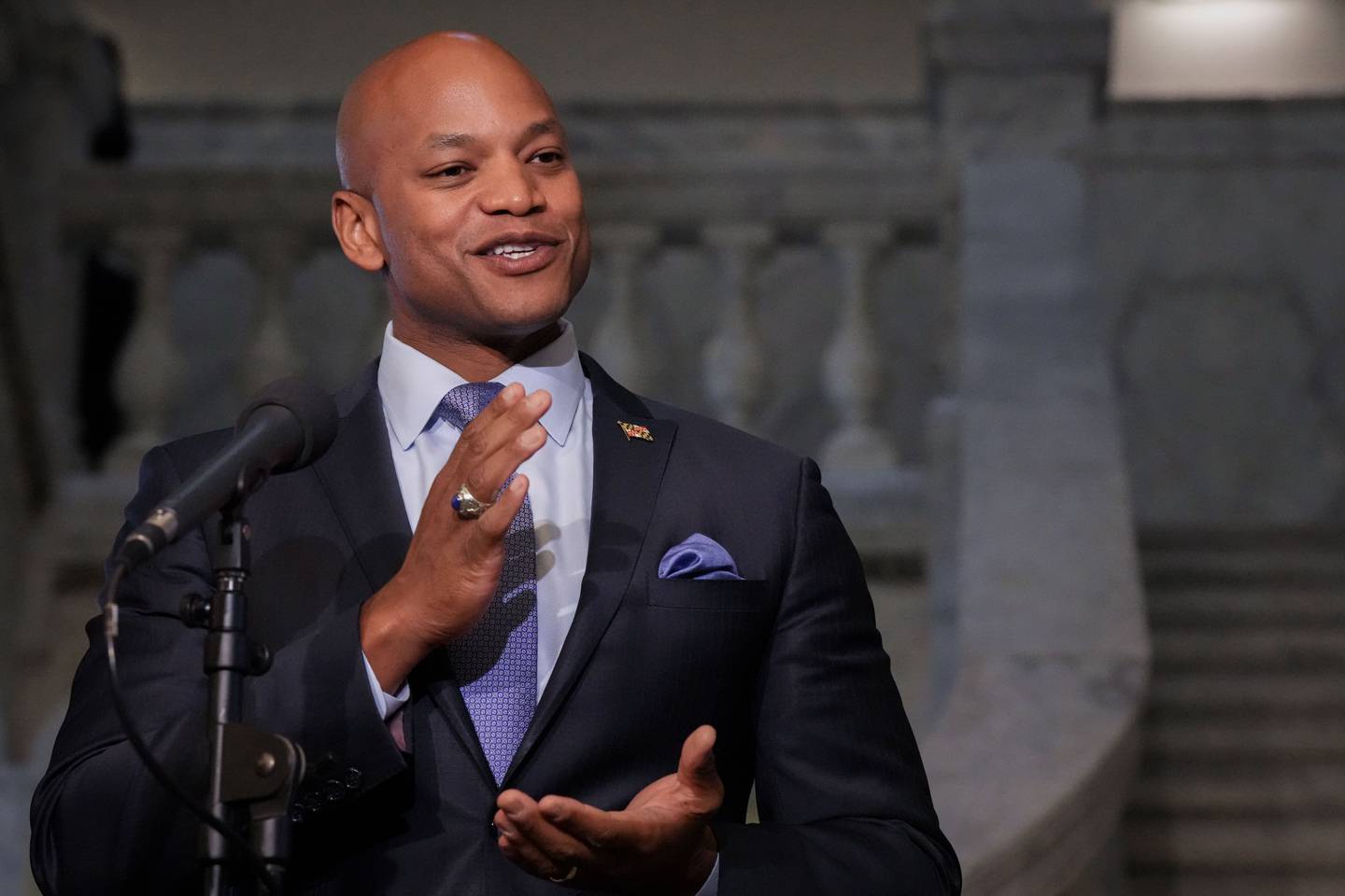Governor-elect Wes Moore speaks during a press conference at the Maryland State House on 11/10/22 to discuss the upcoming transition of power from Gov. Larry Hogan.