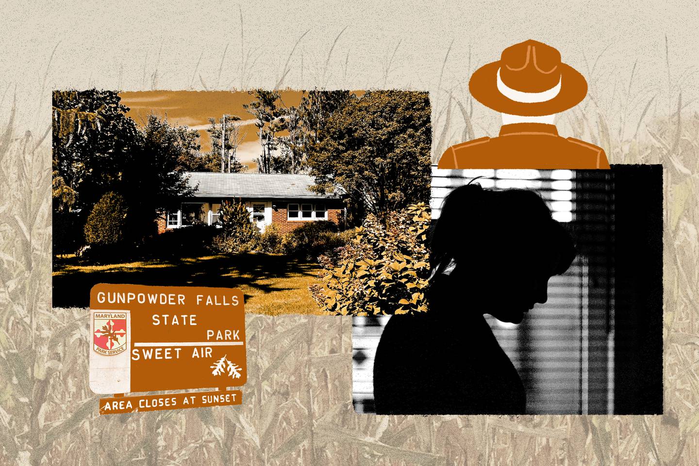 Collage of Gunpowder Falls park sign, ranger's house, ranger seen from behind, and woman in front of window