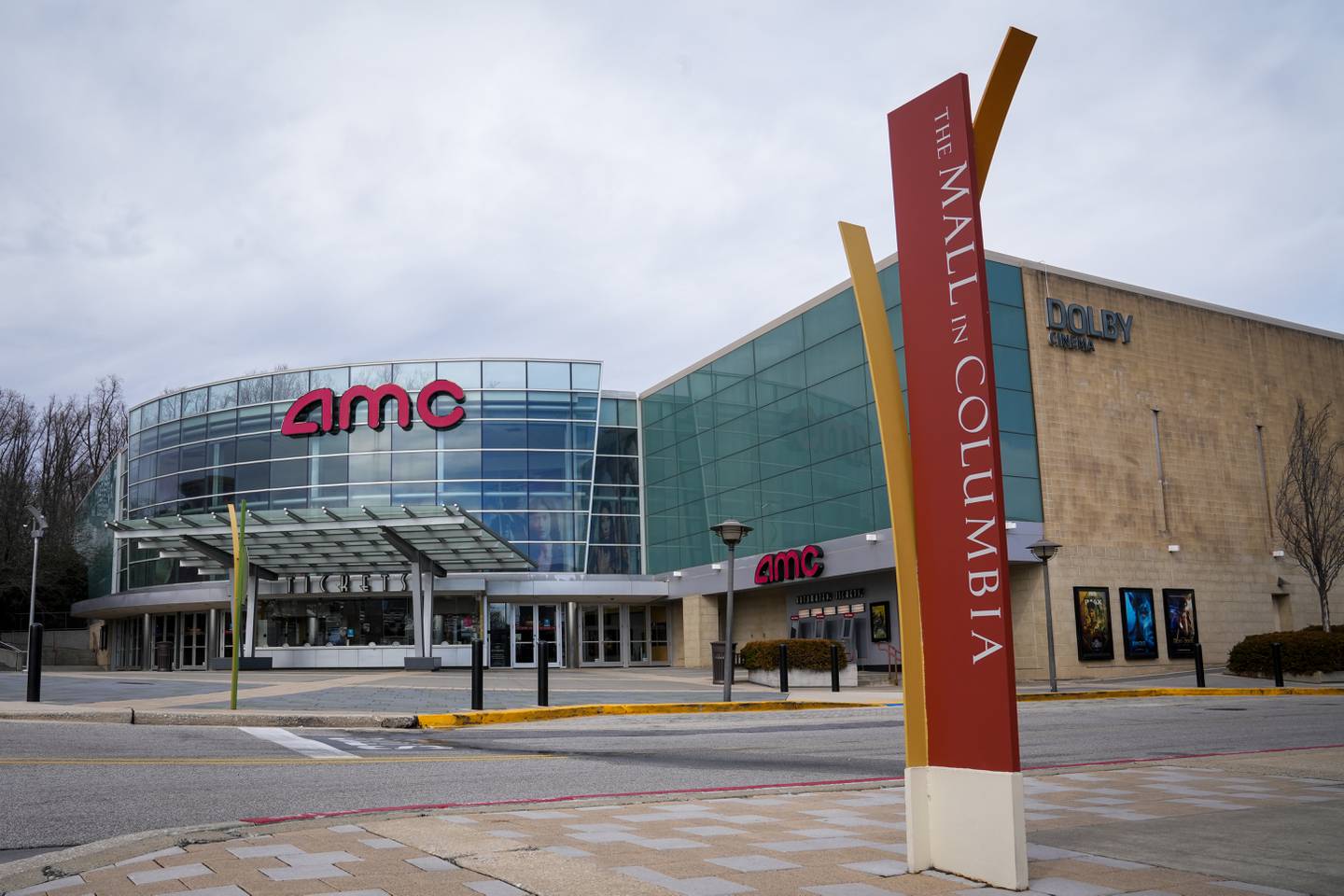 The exterior of the AMC movie theater at the Mall in Columbia on 2/13/23.