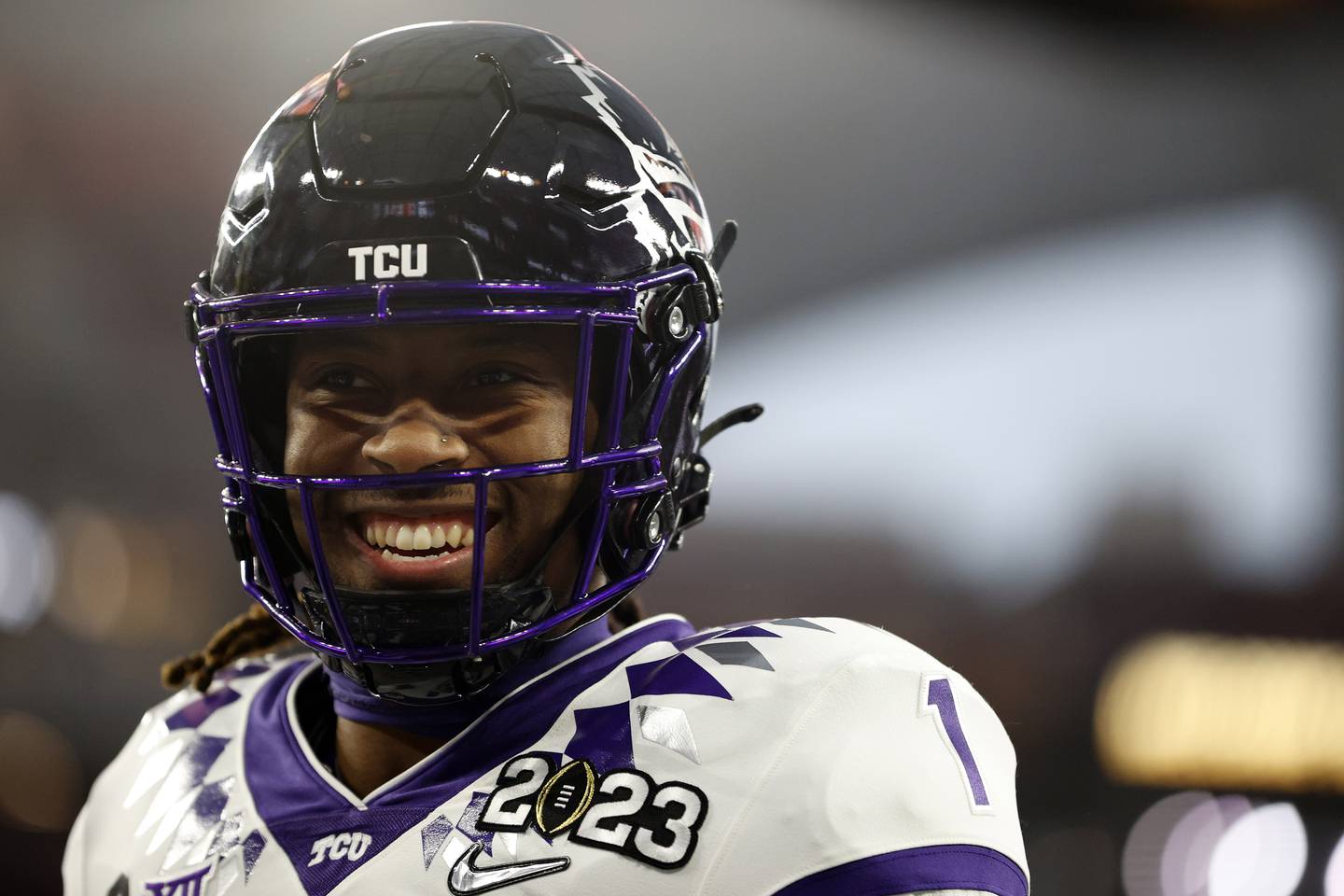 Quentin Johnston #1 of the TCU Horned Frogs warms up before the College Football Playoff National Championship game against the Georgia Bulldogs at SoFi Stadium on January 09, 2023 in Inglewood, California.