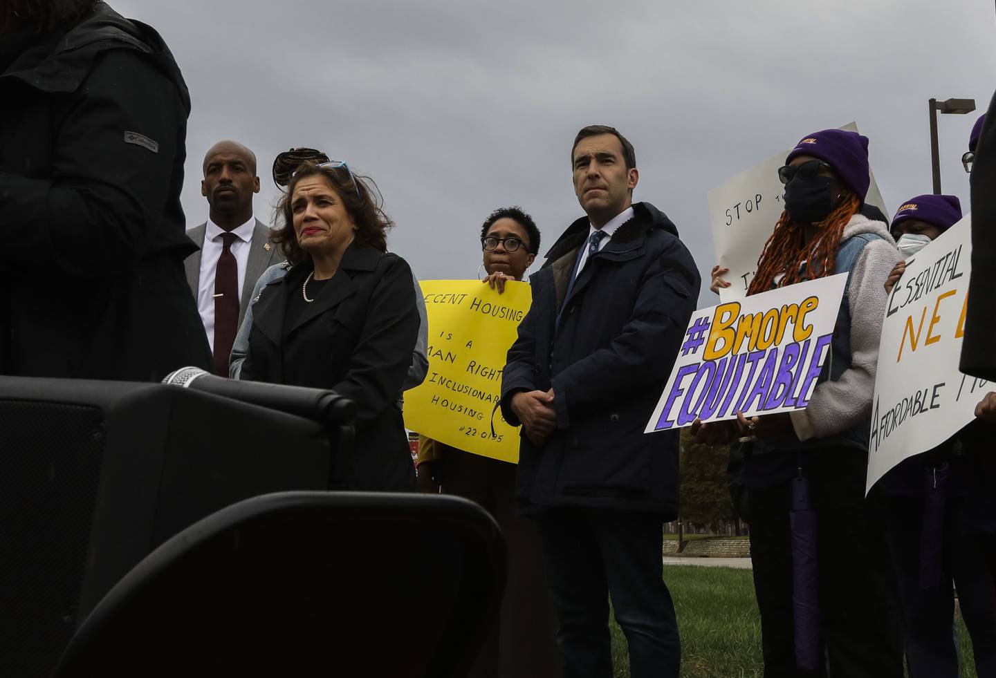 Council members Odette Ramos, left, and Zeke Cohen, right, attend the rally. A rally in support of the BMOREEquitable Council Bill 22-0195, which demands equitable and affordable housing options for all, took place outside of 401 Light Street on October 3, 2022.