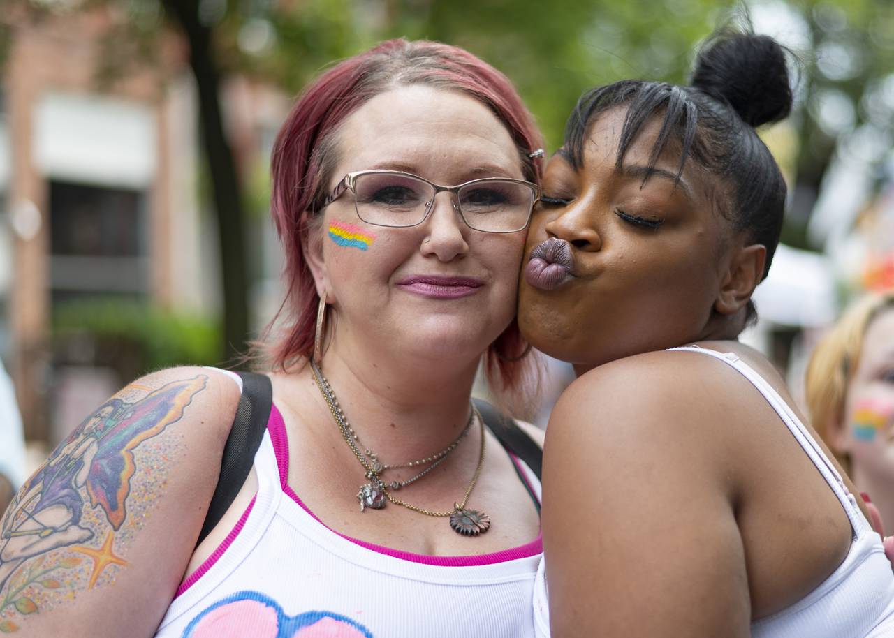 Heather Dagenais and Nani Jones celebrate together at Trans Pride in Baltimore on June 3, 2023.