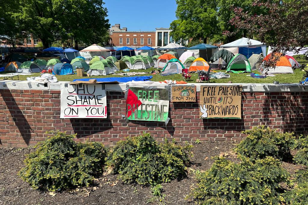 Pro-Palestinian protesters have turned a grassy area on Johns Hopkins' Homewood campus called "the beach" into a tent encampment.