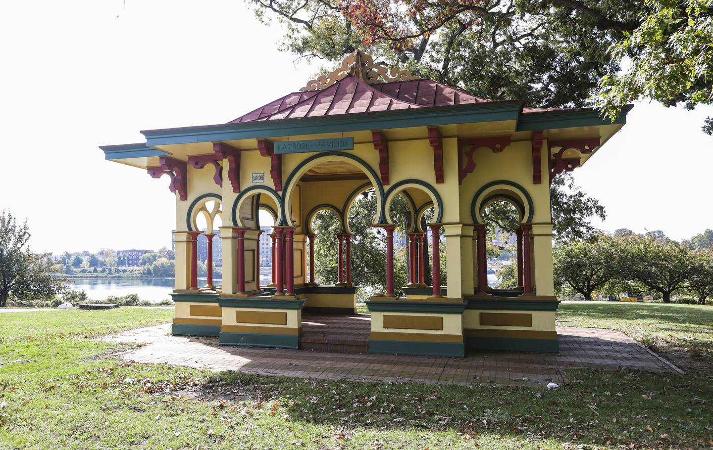 The Latrobe Pavillion was built in 1860 and overlooks the water at Druid Hill Park. Druid Hill Park is a 745 acre urban park situated in Northwest Baltimore City, it borders up against the JFX and I-83.