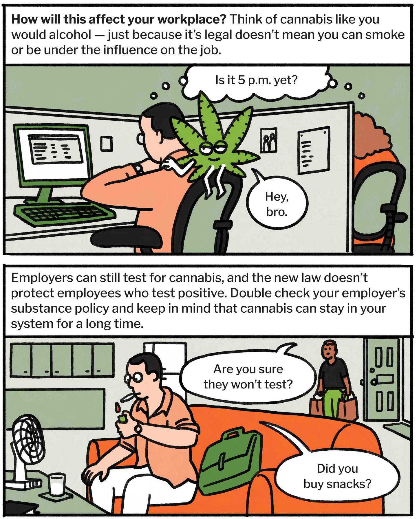 How will this affect your workplace? Think of cannabis like you would alcohol — just because it’s legal doesn’t mean you can smoke or be under the influence on the job. mployers can still test for cannabis, and the new law doesn’t protect employees who test positive. Double check your employer’s substance policy and keep in mind that cannabis can stay in your system for a long time.