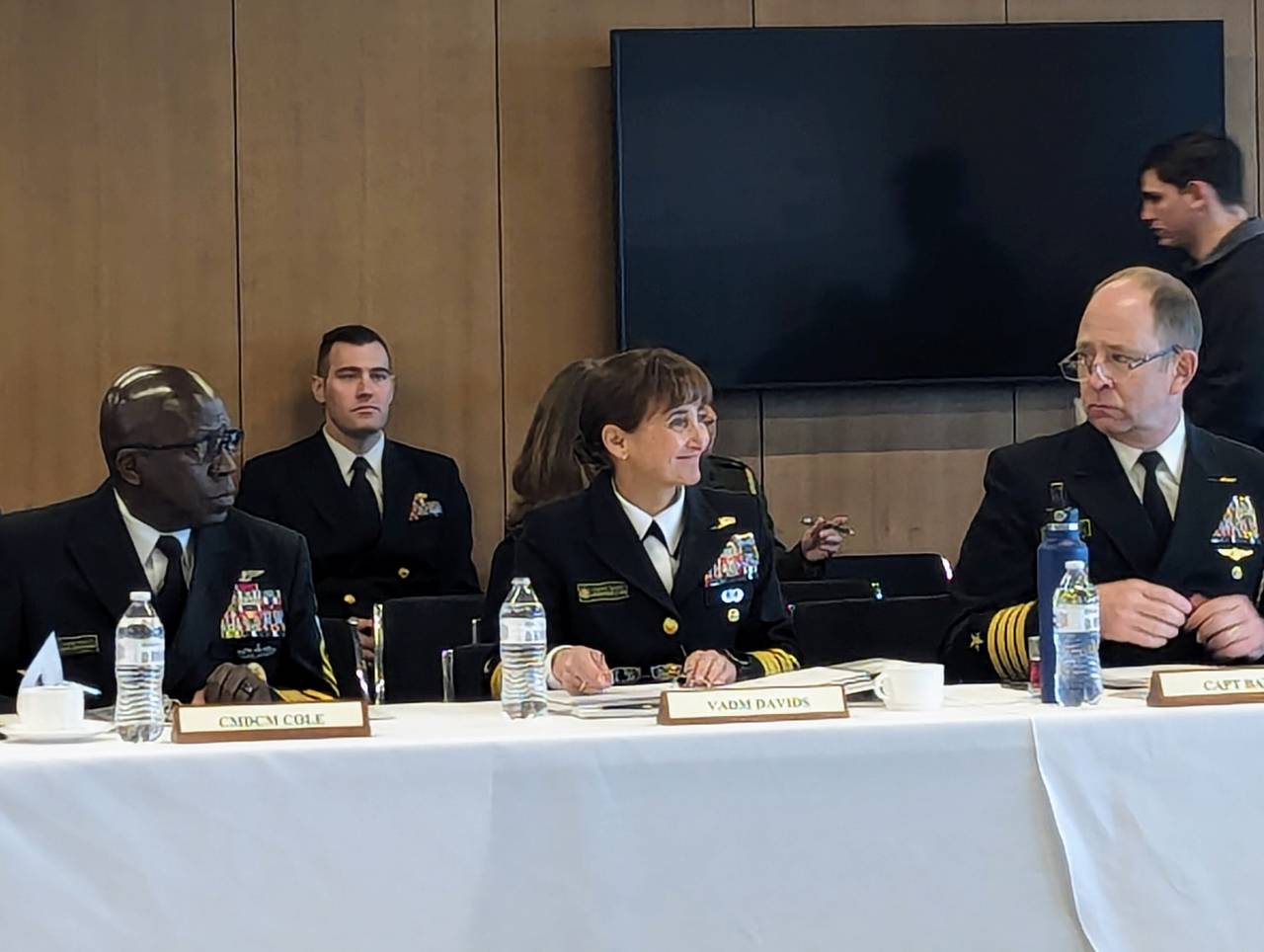 Vice Adm. Yvette Davids attended her first Naval Academy Board of Visitors meeting as superintendent on Tuesday, March 19 in Annapolis. She was flanked by, left, Command Master Chief Karim Cole and Capt. James Bates, deputy superintendent.