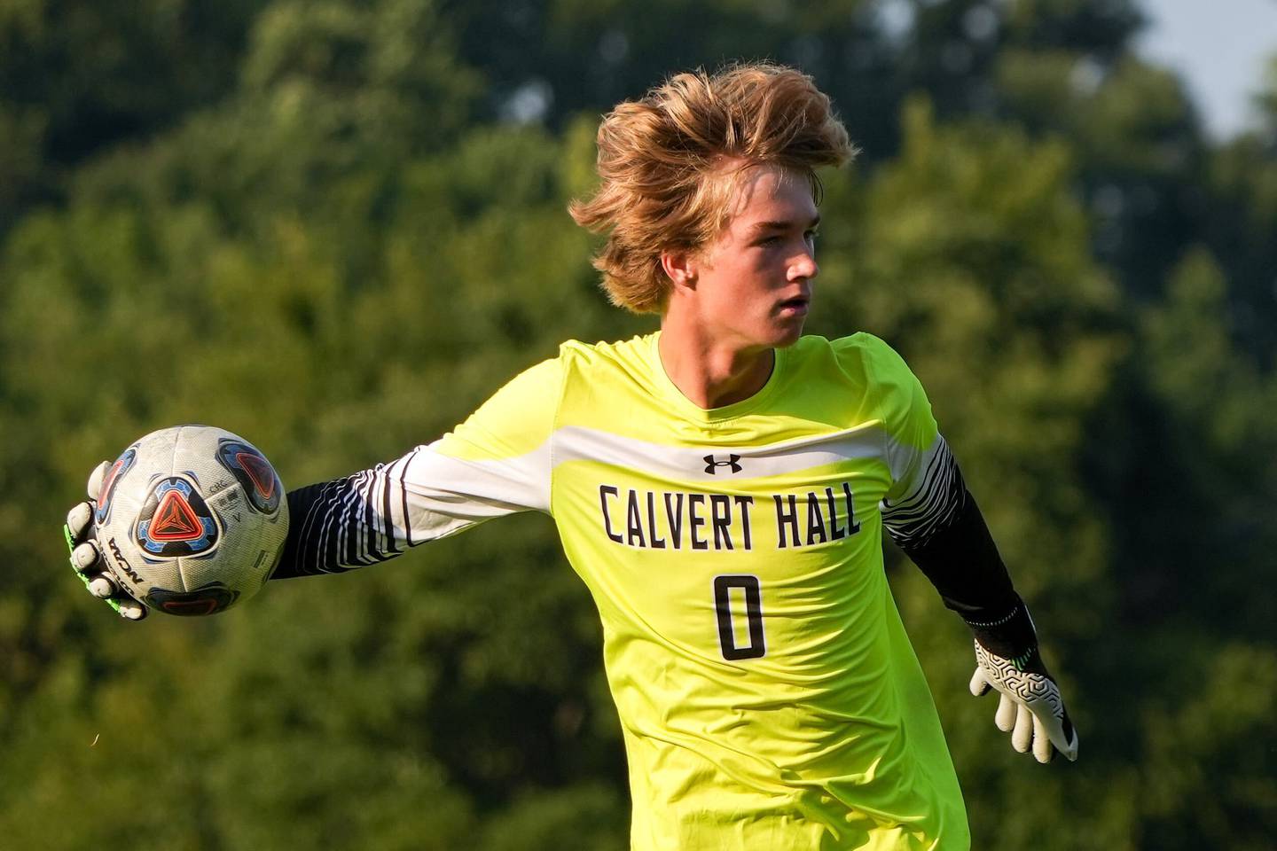 Calvert Hall goalkeeper Nathen Jones (0) throws the ball back into play in the second half of a boys soccer game at McDonogh School on 8/26/22. Calvert Hall defeated McDonogh, 1-0, in overtime.